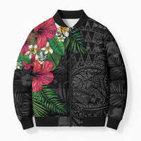 Hawaiian Tropical Plants Bomber Puffer Jacket Kakau Tattoo and Polynesian Pattern Half Black Color