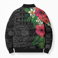 Hawaiian Tropical Plants Bomber Puffer Jacket Kakau Tattoo and Polynesian Pattern Half Black Color