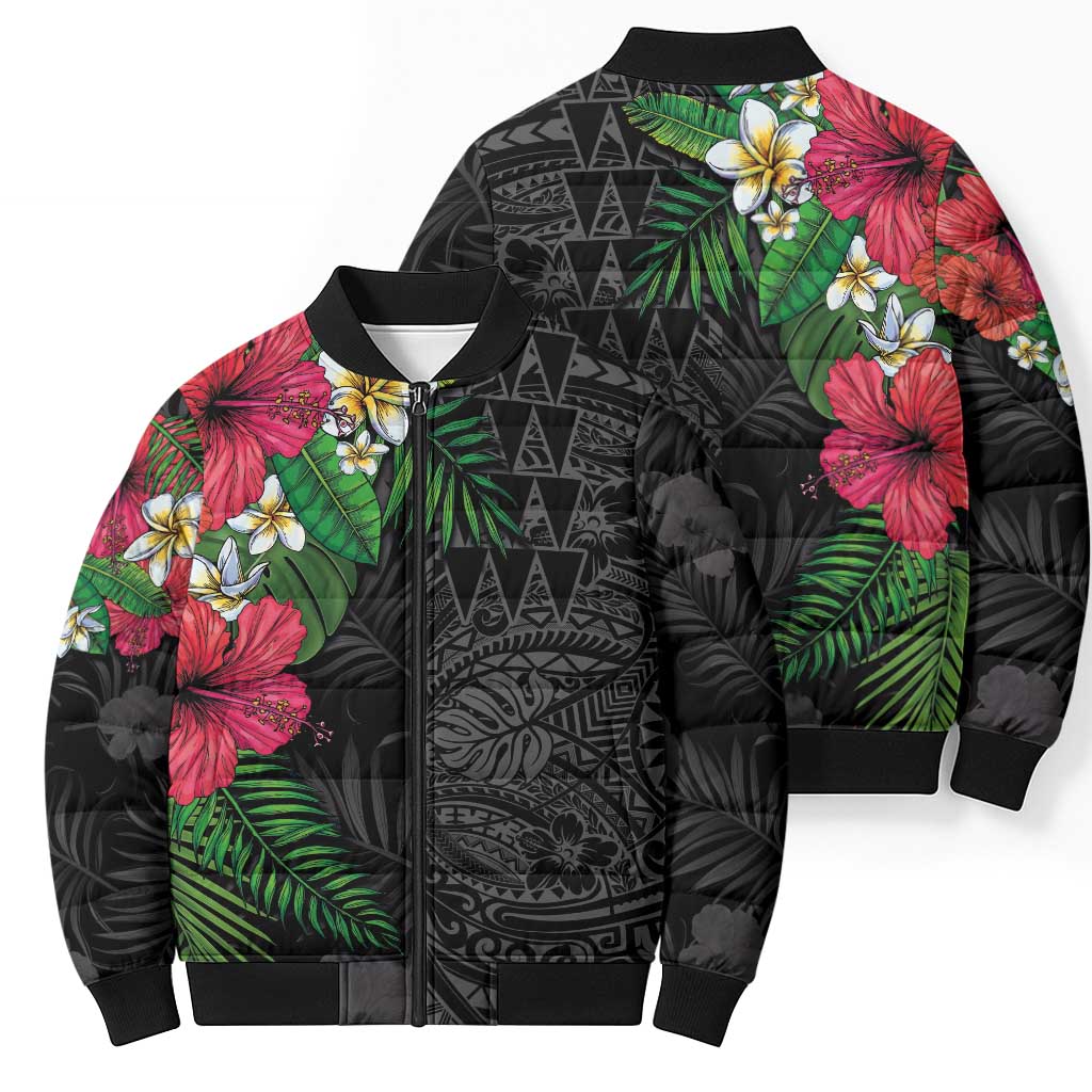 Hawaiian Tropical Plants Bomber Puffer Jacket Kakau Tattoo and Polynesian Pattern Half Black Color
