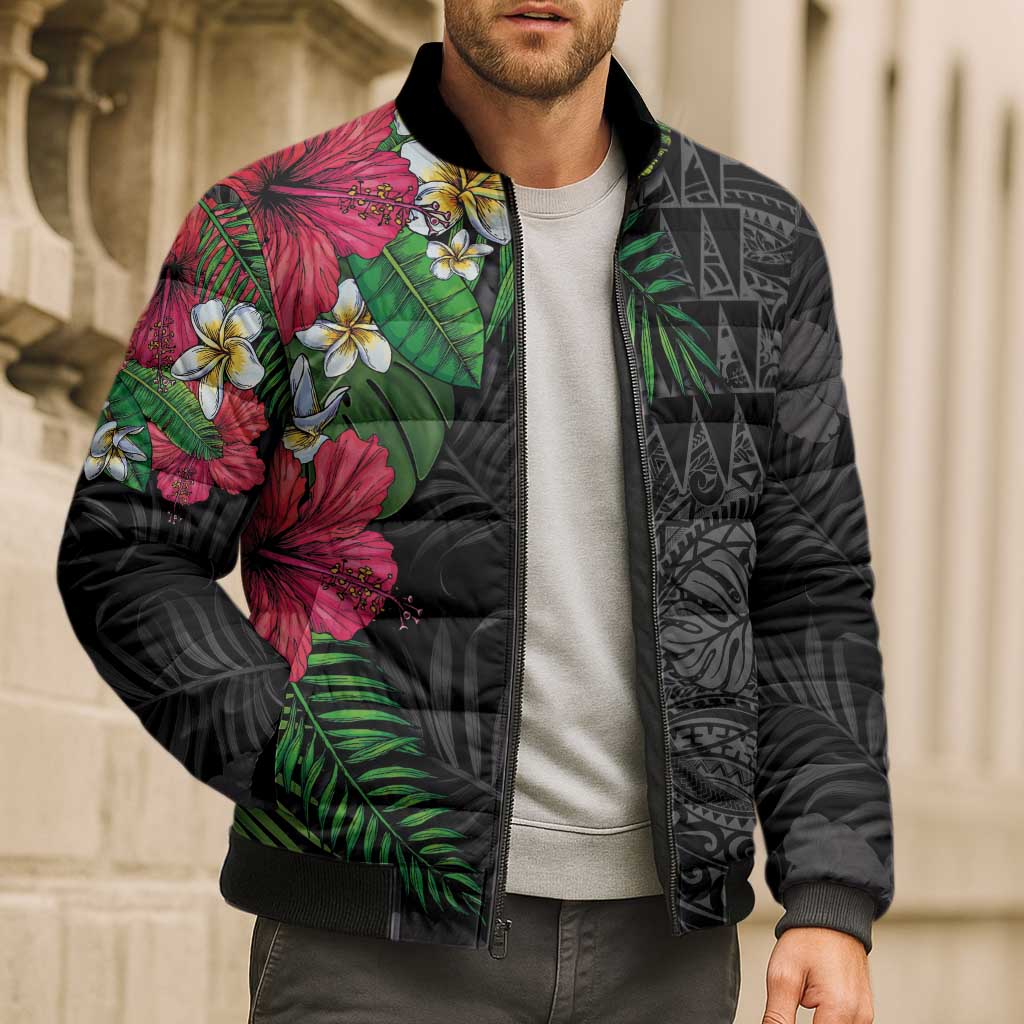 Hawaiian Tropical Plants Bomber Puffer Jacket Kakau Tattoo and Polynesian Pattern Half Black Color