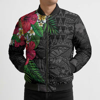 Hawaiian Tropical Plants Bomber Puffer Jacket Kakau Tattoo and Polynesian Pattern Half Black Color