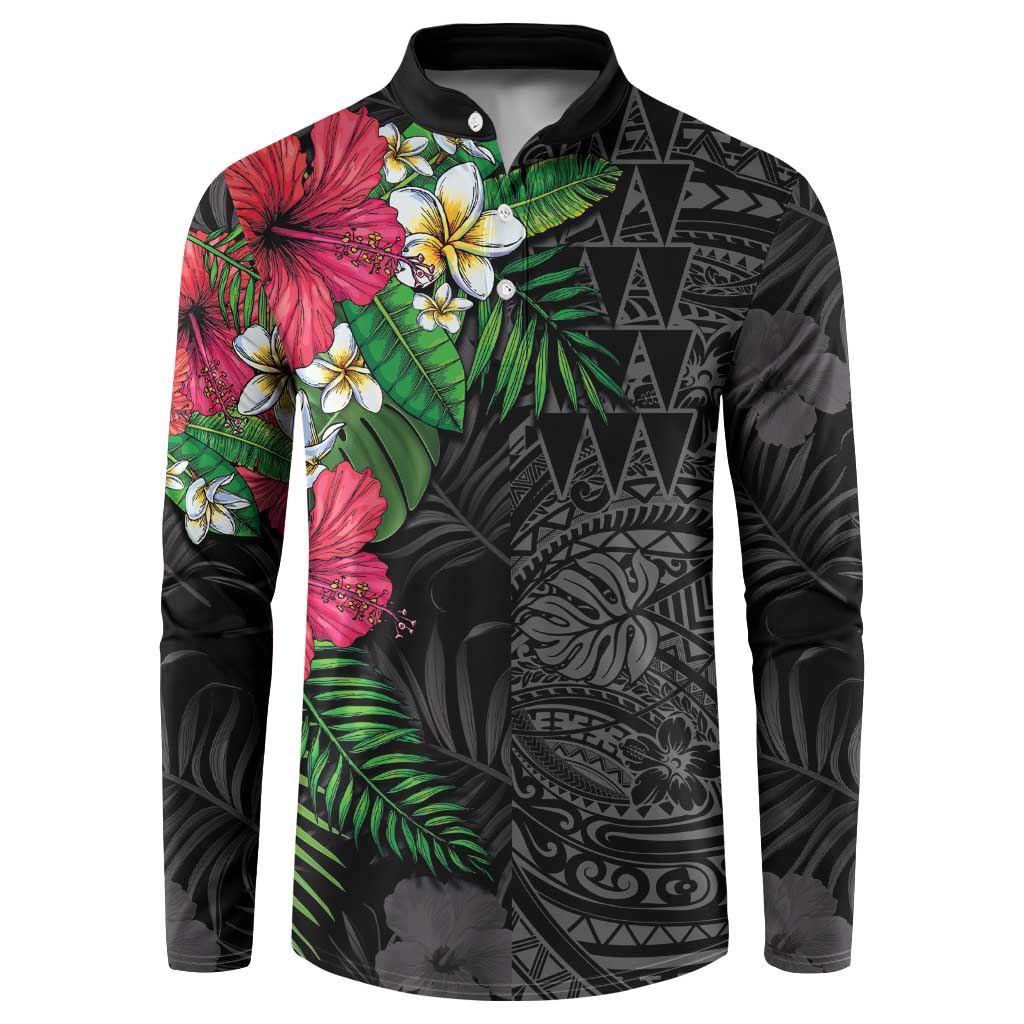 Hawaiian Tropical Plants Button Sweatshirt Kakau Tattoo and Polynesian Pattern Half Black Color