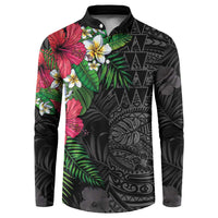Hawaiian Tropical Plants Button Sweatshirt Kakau Tattoo and Polynesian Pattern Half Black Color
