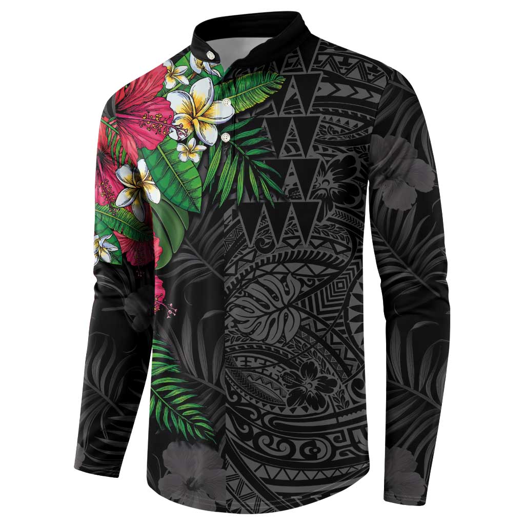 Hawaiian Tropical Plants Button Sweatshirt Kakau Tattoo and Polynesian Pattern Half Black Color