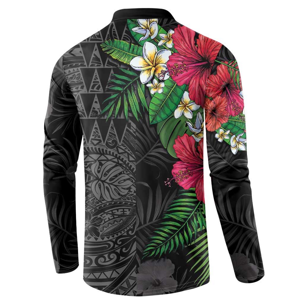 Hawaiian Tropical Plants Button Sweatshirt Kakau Tattoo and Polynesian Pattern Half Black Color