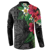 Hawaiian Tropical Plants Button Sweatshirt Kakau Tattoo and Polynesian Pattern Half Black Color