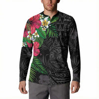 Hawaiian Tropical Plants Button Sweatshirt Kakau Tattoo and Polynesian Pattern Half Black Color