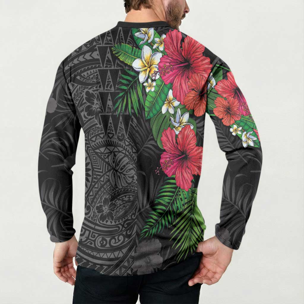 Hawaiian Tropical Plants Button Sweatshirt Kakau Tattoo and Polynesian Pattern Half Black Color