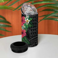 Hawaiian Tropical Plants 4 in 1 Can Cooler Tumbler Kakau Tattoo and Polynesian Pattern Half Black Color