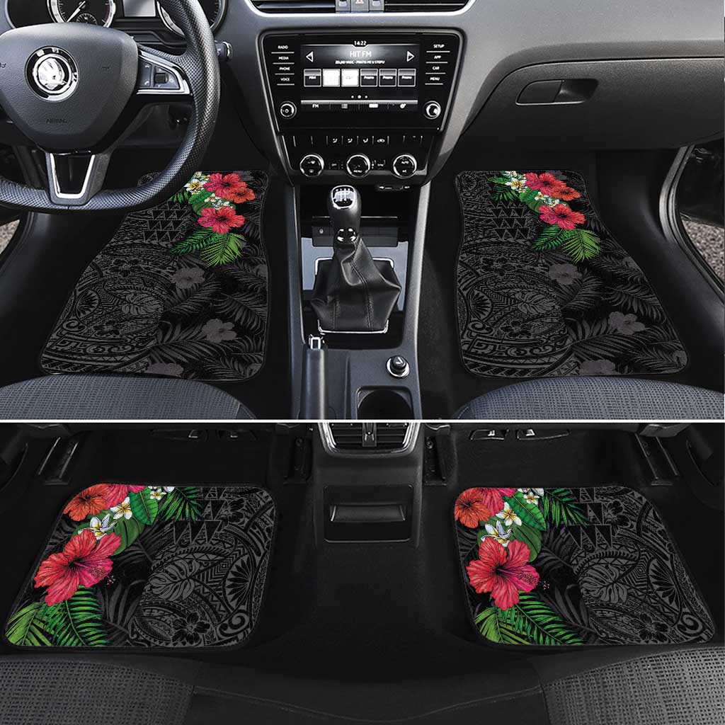 Hawaiian Tropical Plants Car Mats Kakau Tattoo and Polynesian Pattern Half Black Color LT03 Set 4pcs Black - Polynesian Pride
