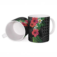 Hawaiian Tropical Plants Ceramic Mug Kakau Tattoo and Polynesian Pattern Half Black Color