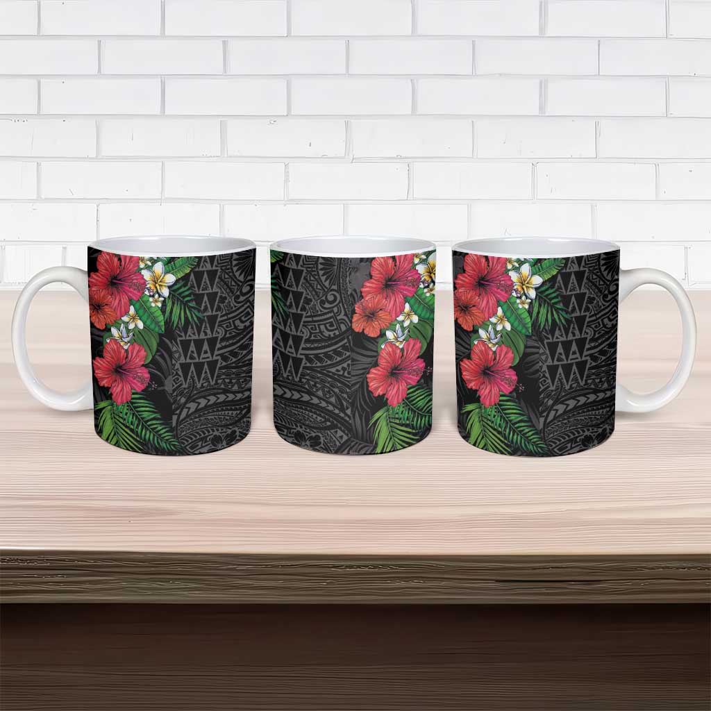 Hawaiian Tropical Plants Ceramic Mug Kakau Tattoo and Polynesian Pattern Half Black Color
