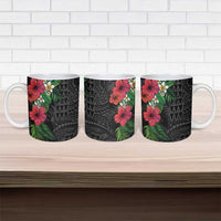 Hawaiian Tropical Plants Ceramic Mug Kakau Tattoo and Polynesian Pattern Half Black Color