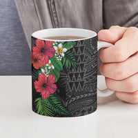 Hawaiian Tropical Plants Ceramic Mug Kakau Tattoo and Polynesian Pattern Half Black Color