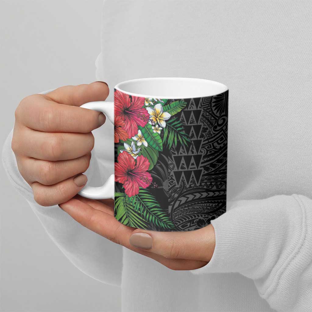 Hawaiian Tropical Plants Ceramic Mug Kakau Tattoo and Polynesian Pattern Half Black Color