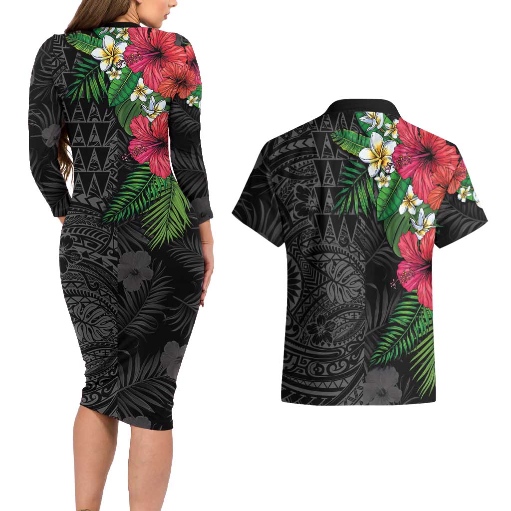 Hawaiian Tropical Plants Couples Matching Long Sleeve Bodycon Dress and Hawaiian Shirt Kakau Tattoo and Polynesian Pattern Half Black Color LT03 - Polynesian Pride
