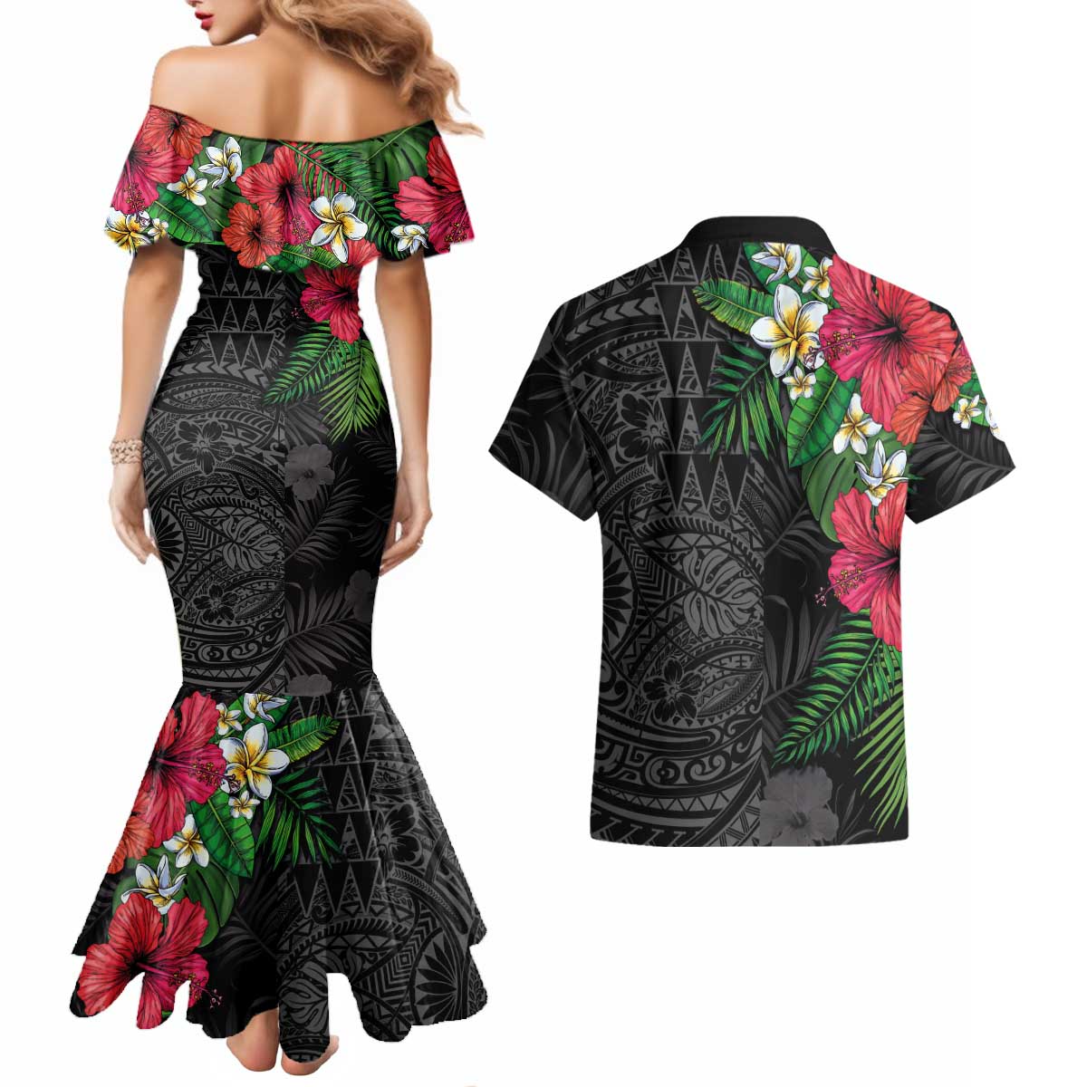 Hawaiian Tropical Plants Couples Matching Mermaid Dress and Hawaiian Shirt Kakau Tattoo and Polynesian Pattern Half Black Color LT03 - Polynesian Pride