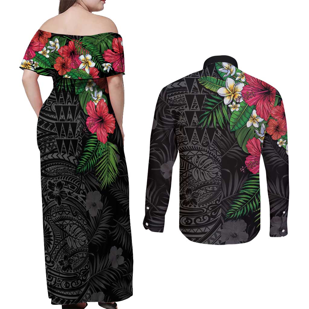 Hawaiian Tropical Plants Couples Matching Off Shoulder Maxi Dress and Long Sleeve Button Shirt Kakau Tattoo and Polynesian Pattern Half Black Color LT03 - Polynesian Pride