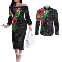 Hawaiian Tropical Plants Couples Matching Off The Shoulder Long Sleeve Dress and Long Sleeve Button Shirt Kakau Tattoo and Polynesian Pattern Half Black Color LT03 Black - Polynesian Pride