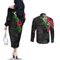 Hawaiian Tropical Plants Couples Matching Off The Shoulder Long Sleeve Dress and Long Sleeve Button Shirt Kakau Tattoo and Polynesian Pattern Half Black Color LT03 - Polynesian Pride