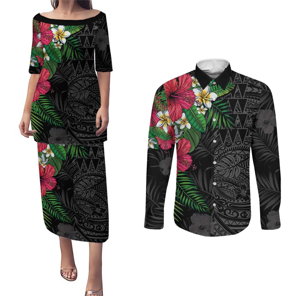 Hawaiian Tropical Plants Couples Matching Puletasi and Long Sleeve Button Shirt Kakau Tattoo and Polynesian Pattern Half Black Color