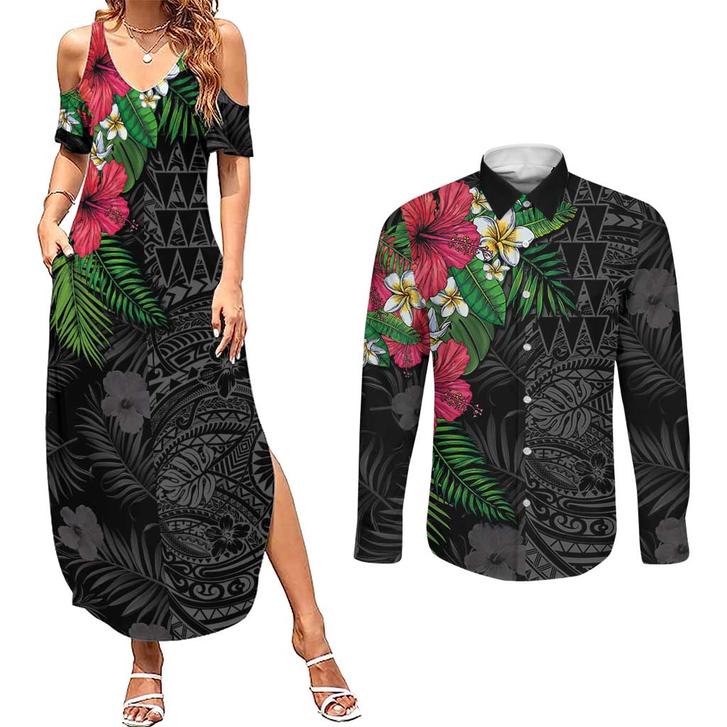 Hawaiian Tropical Plants Couples Matching Summer Maxi Dress and Long Sleeve Button Shirt Kakau Tattoo and Polynesian Pattern Half Black Color LT03 Black - Polynesian Pride