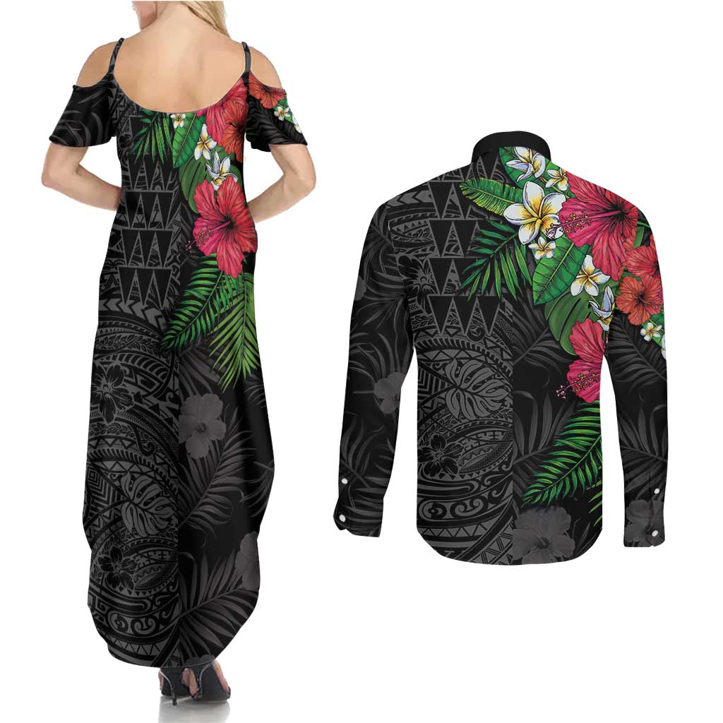 Hawaiian Tropical Plants Couples Matching Summer Maxi Dress and Long Sleeve Button Shirt Kakau Tattoo and Polynesian Pattern Half Black Color LT03 - Polynesian Pride