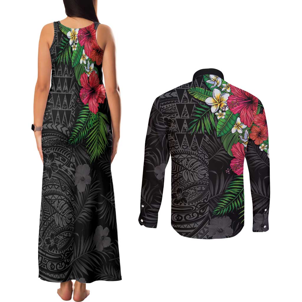 Hawaiian Tropical Plants Couples Matching Tank Maxi Dress and Long Sleeve Button Shirt Kakau Tattoo and Polynesian Pattern Half Black Color LT03 - Polynesian Pride