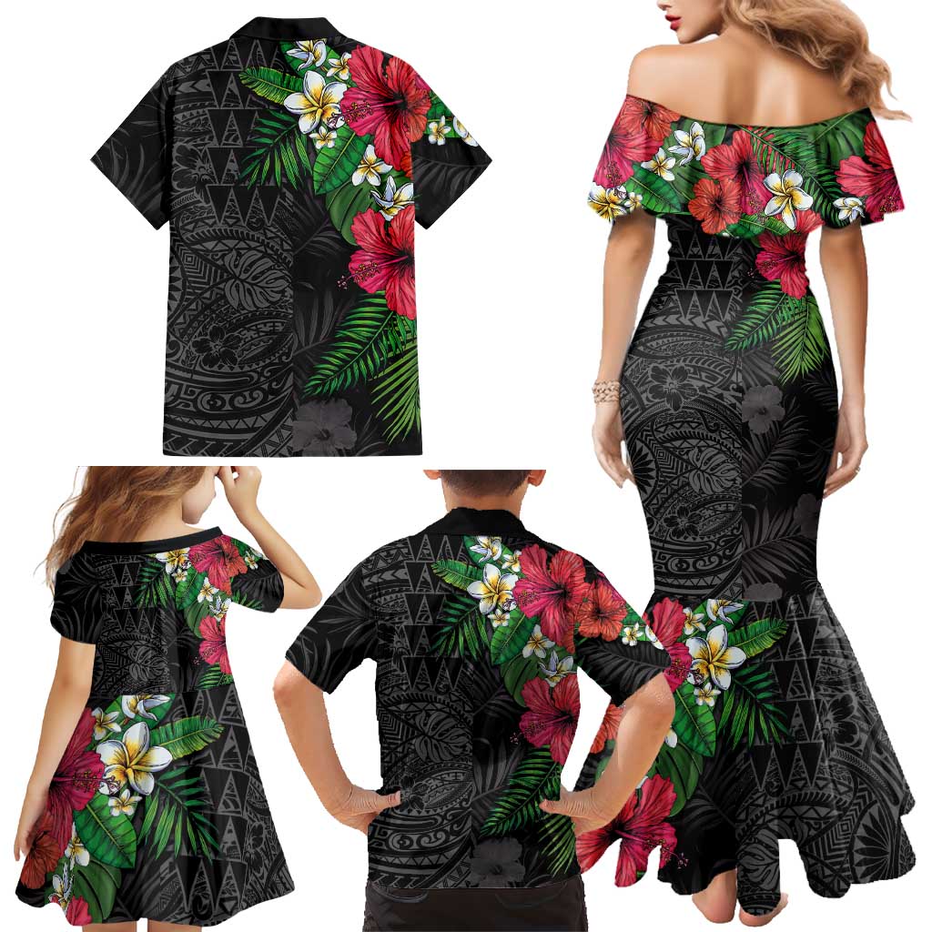 Hawaiian Tropical Plants Family Matching Mermaid Dress and Hawaiian Shirt Kakau Tattoo and Polynesian Pattern Half Black Color