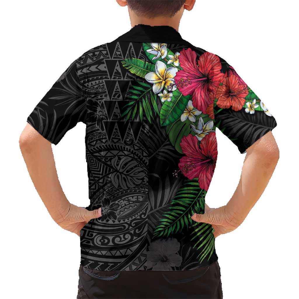 Hawaiian Tropical Plants Family Matching Off The Shoulder Long Sleeve Dress and Hawaiian Shirt Kakau Tattoo and Polynesian Pattern Half Black Color LT03 - Polynesian Pride
