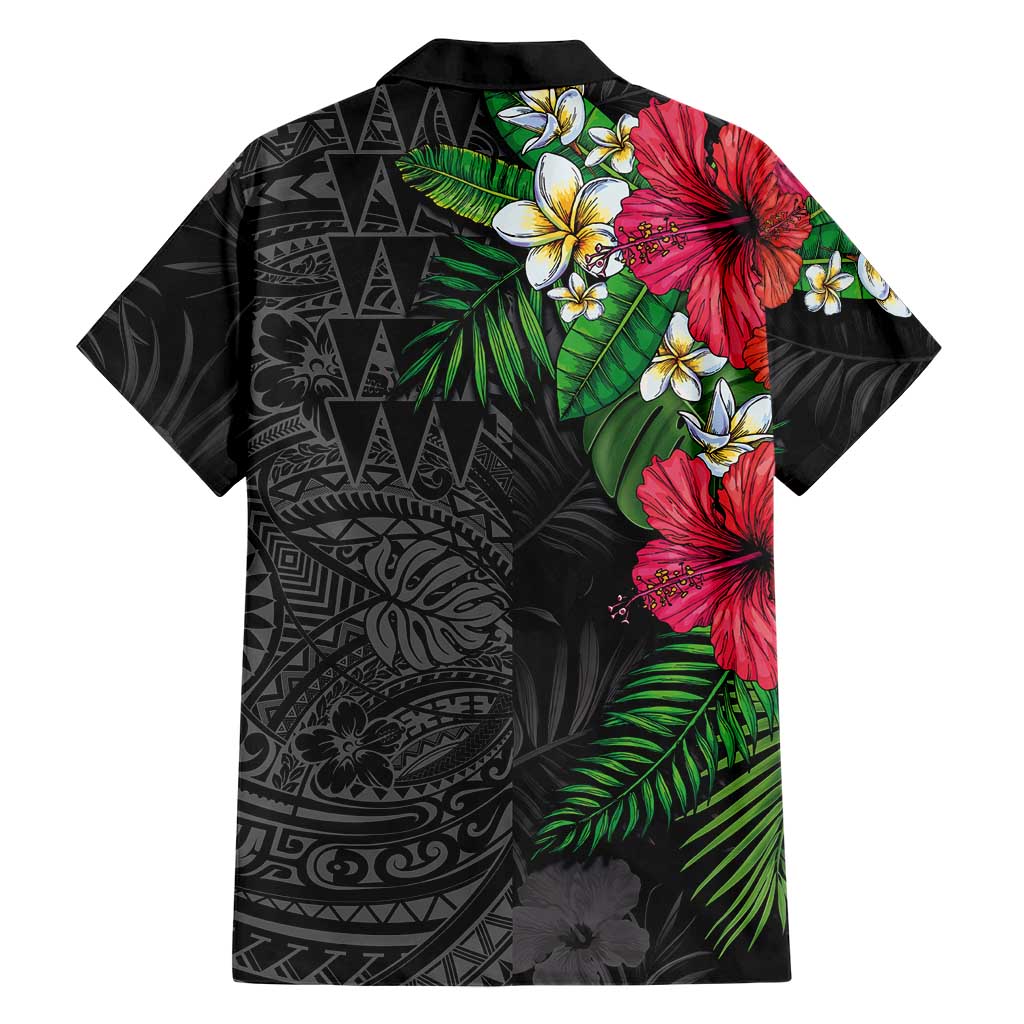 Hawaiian Tropical Plants Family Matching Off The Shoulder Long Sleeve Dress and Hawaiian Shirt Kakau Tattoo and Polynesian Pattern Half Black Color LT03 - Polynesian Pride