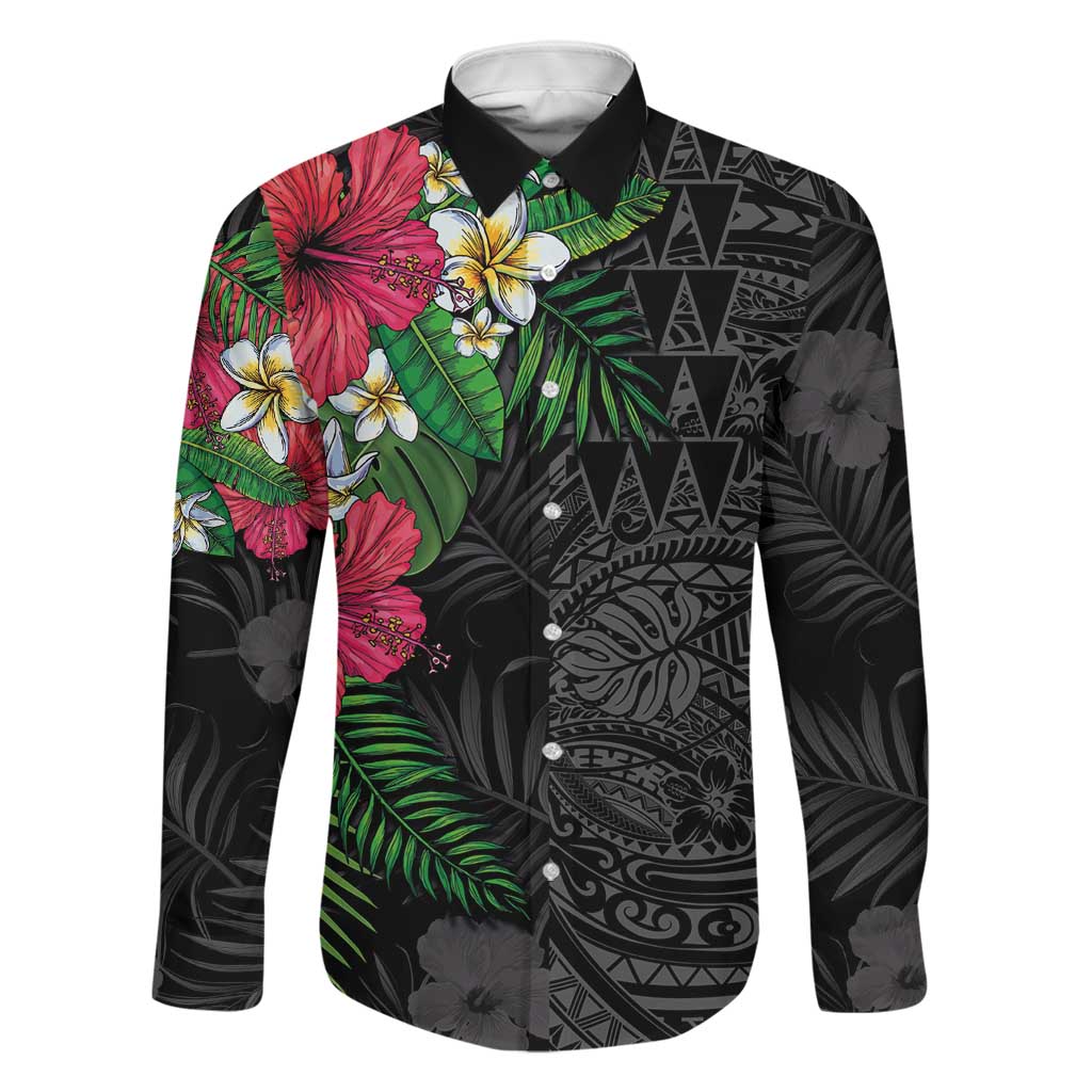Hawaiian Tropical Plants Family Matching Off The Shoulder Long Sleeve Dress and Hawaiian Shirt Kakau Tattoo and Polynesian Pattern Half Black Color LT03 Dad's Shirt - Long Sleeve Black - Polynesian Pride