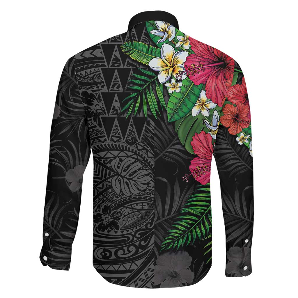 Hawaiian Tropical Plants Family Matching Off The Shoulder Long Sleeve Dress and Hawaiian Shirt Kakau Tattoo and Polynesian Pattern Half Black Color LT03 - Polynesian Pride