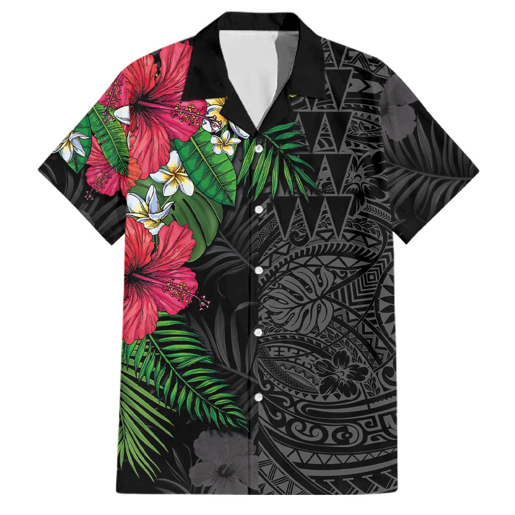 Hawaiian Tropical Plants Family Matching Off Shoulder Maxi Dress and Hawaiian Shirt Kakau Tattoo and Polynesian Pattern Half Black Color
