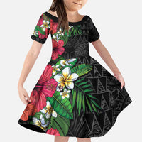 Hawaiian Tropical Plants Family Matching Off Shoulder Short Dress and Hawaiian Shirt Kakau Tattoo and Polynesian Pattern Half Black Color