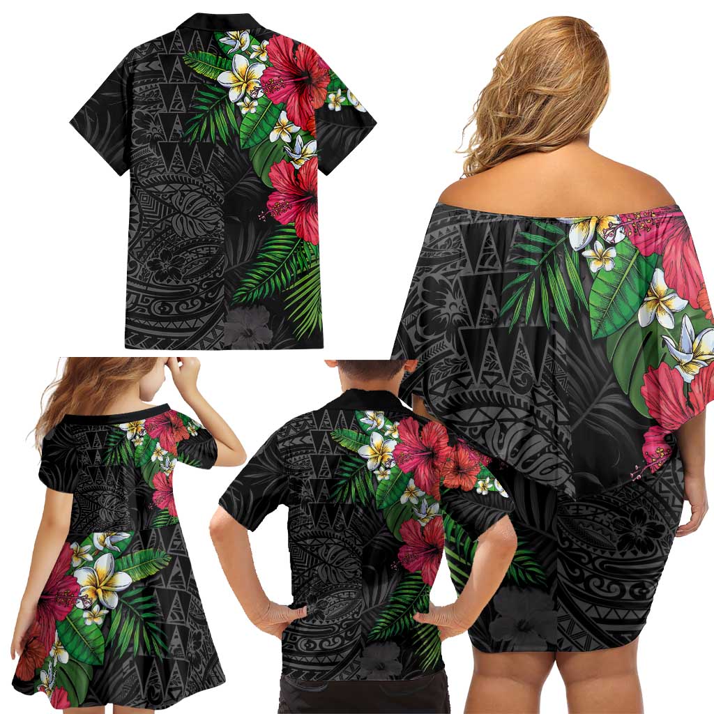 Hawaiian Tropical Plants Family Matching Off Shoulder Short Dress and Hawaiian Shirt Kakau Tattoo and Polynesian Pattern Half Black Color