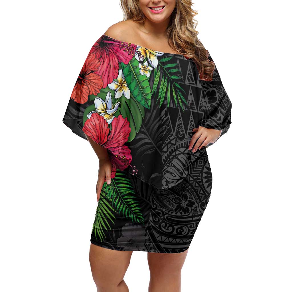 Hawaiian Tropical Plants Family Matching Off Shoulder Short Dress and Hawaiian Shirt Kakau Tattoo and Polynesian Pattern Half Black Color