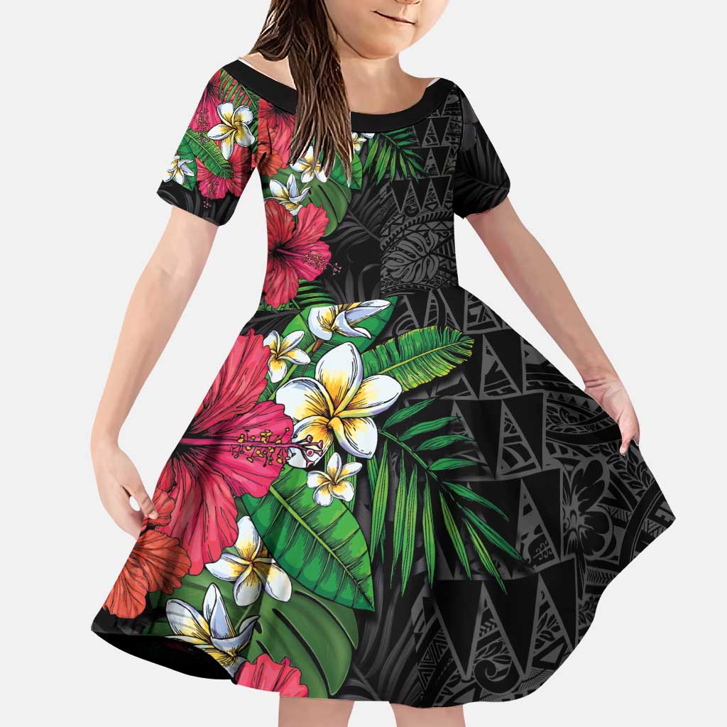 Hawaiian Tropical Plants Family Matching Puletasi and Hawaiian Shirt Kakau Tattoo and Polynesian Pattern Half Black Color LT03 Daughter's Dress Black - Polynesian Pride