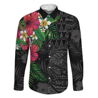 Hawaiian Tropical Plants Family Matching Short Sleeve Bodycon Dress and Hawaiian Shirt Kakau Tattoo and Polynesian Pattern Half Black Color LT03 Dad's Shirt - Long Sleeve Black - Polynesian Pride