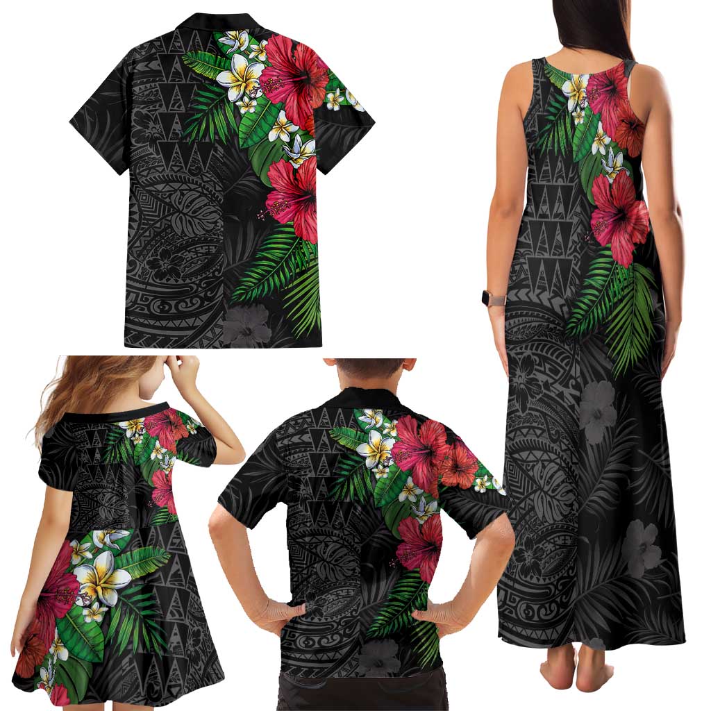 Hawaiian Tropical Plants Family Matching Tank Maxi Dress and Hawaiian Shirt Kakau Tattoo and Polynesian Pattern Half Black Color