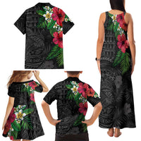 Hawaiian Tropical Plants Family Matching Tank Maxi Dress and Hawaiian Shirt Kakau Tattoo and Polynesian Pattern Half Black Color