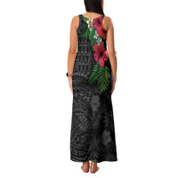 Hawaiian Tropical Plants Family Matching Tank Maxi Dress and Hawaiian Shirt Kakau Tattoo and Polynesian Pattern Half Black Color
