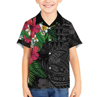 Hawaiian Tropical Plants Family Matching Tank Maxi Dress and Hawaiian Shirt Kakau Tattoo and Polynesian Pattern Half Black Color