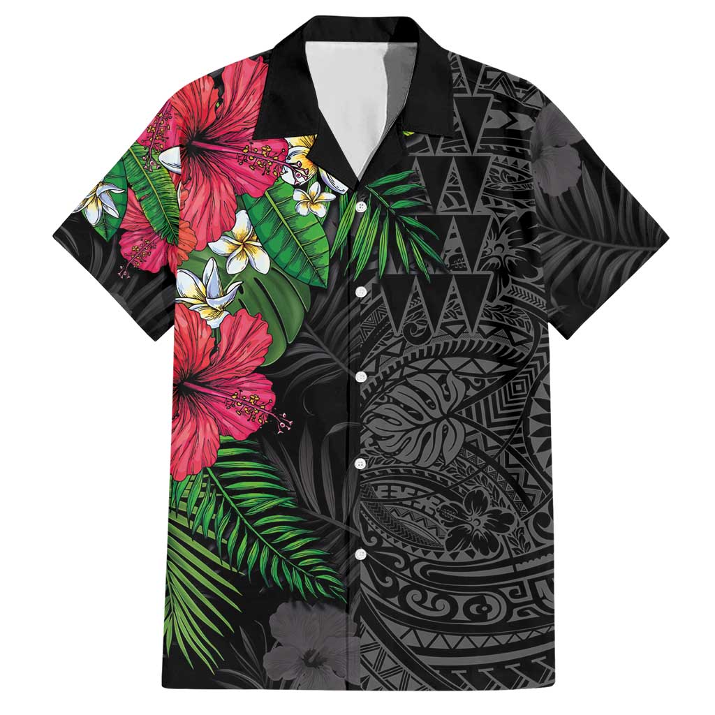 Hawaiian Tropical Plants Hawaiian Shirt Kakau Tattoo and Polynesian Pattern Half Black Color