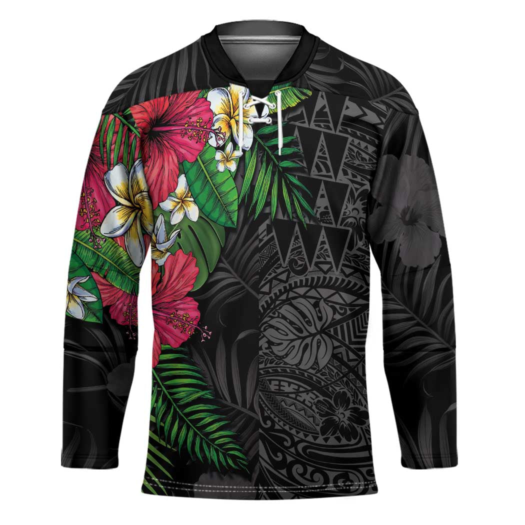 Hawaiian Tropical Plants Hockey Jersey Kakau Tattoo and Polynesian Pattern Half Black Color