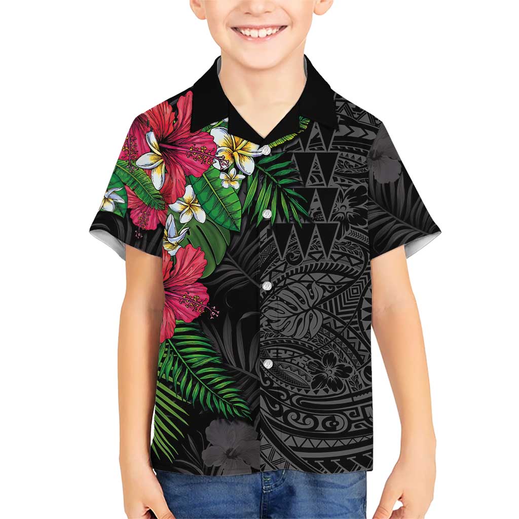 Hawaiian Tropical Plants Kid Hawaiian Shirt Kakau Tattoo and Polynesian Pattern Half Black Color