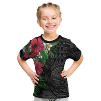 Hawaiian Tropical Plants Kid T Shirt Kakau Tattoo and Polynesian Pattern Half Black Color