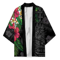 Hawaiian Tropical Plants Kimono Kakau Tattoo and Polynesian Pattern Half Black Color