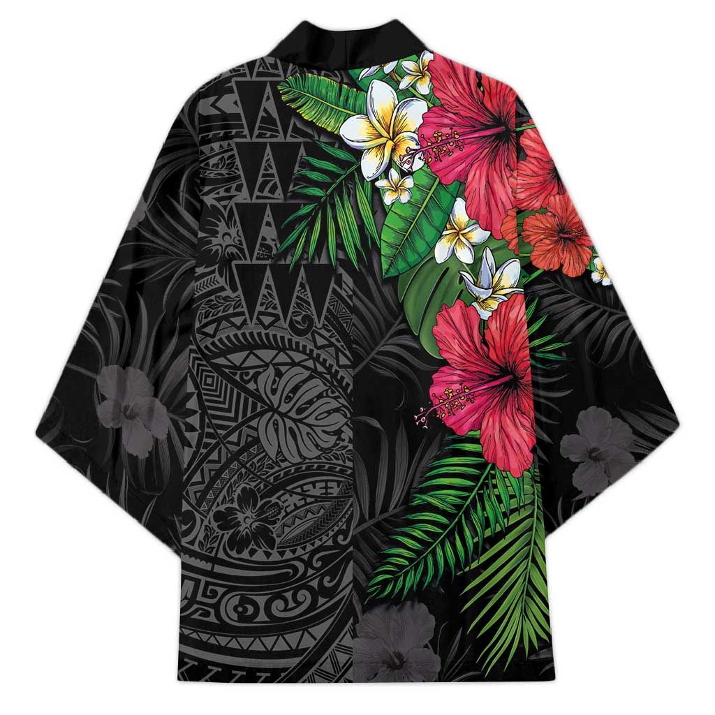 Hawaiian Tropical Plants Kimono Kakau Tattoo and Polynesian Pattern Half Black Color