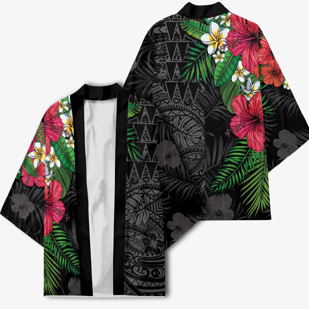 Hawaiian Tropical Plants Kimono Kakau Tattoo and Polynesian Pattern Half Black Color
